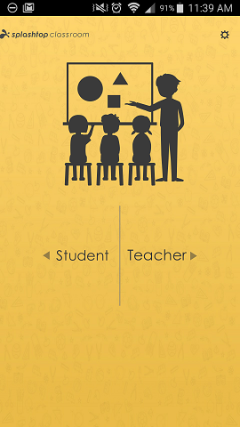 Splashtop Classroom app interface showing options for Student or Teacher with an illustration